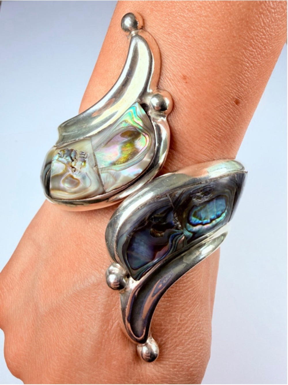 Taxco Massive Modernist Abalone Ornate Sterling Silver Clamper Cuff VTG Bracelet - Picture 5 of 13